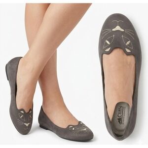 Cliffs by White Mountain Cat Ballet Flats Womens 9W Gray Suede Embroidered Kitty